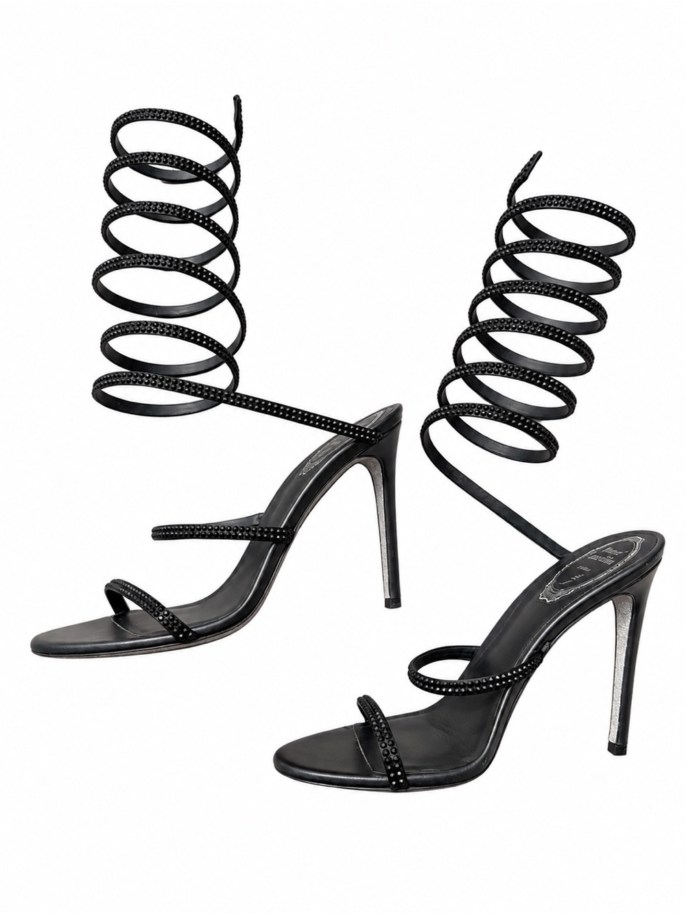 Rene Caovilla Black Crystal Embellished Spiral Ankle Wrap Stiletto Sandals 38